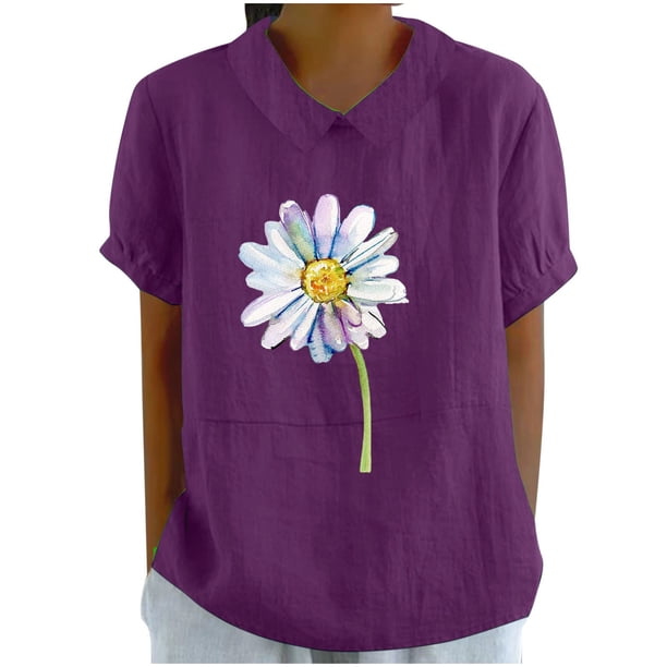 Blusas de Manga Corta para las Mujeres Muñeca Cuello de Lino Mezcla Suelta, Blusas para las Mujeres Casual