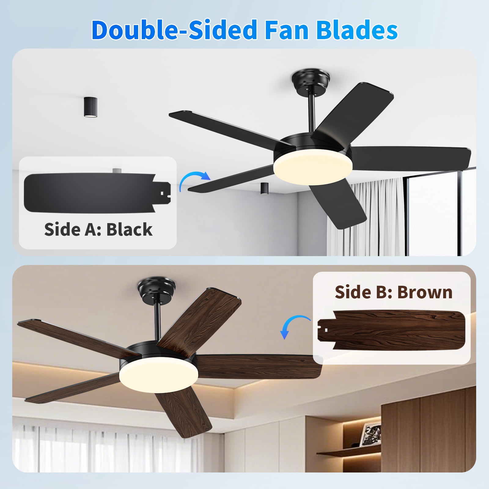 Kaqinu Ceiling Fans with Lights and Remote & App Control,45 inch Modern Ceiling Fans,6 Speeds 3 Colors for Indoor Black