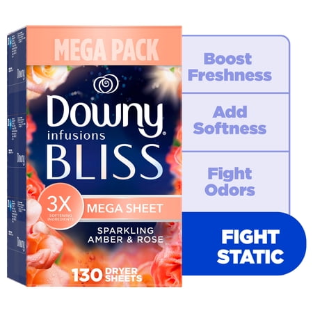 Downy Fabric Softener Dryer Sheets, Infusions Bliss Amber and Rose Scent, 130 Mega Dryer Sheets