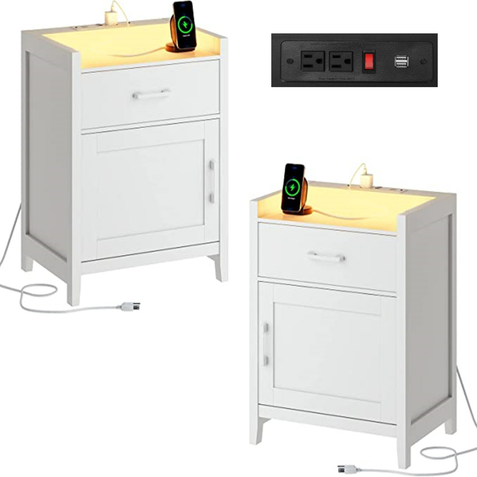 White Night Stand Set of 2 Storage with LED Lights & Charging