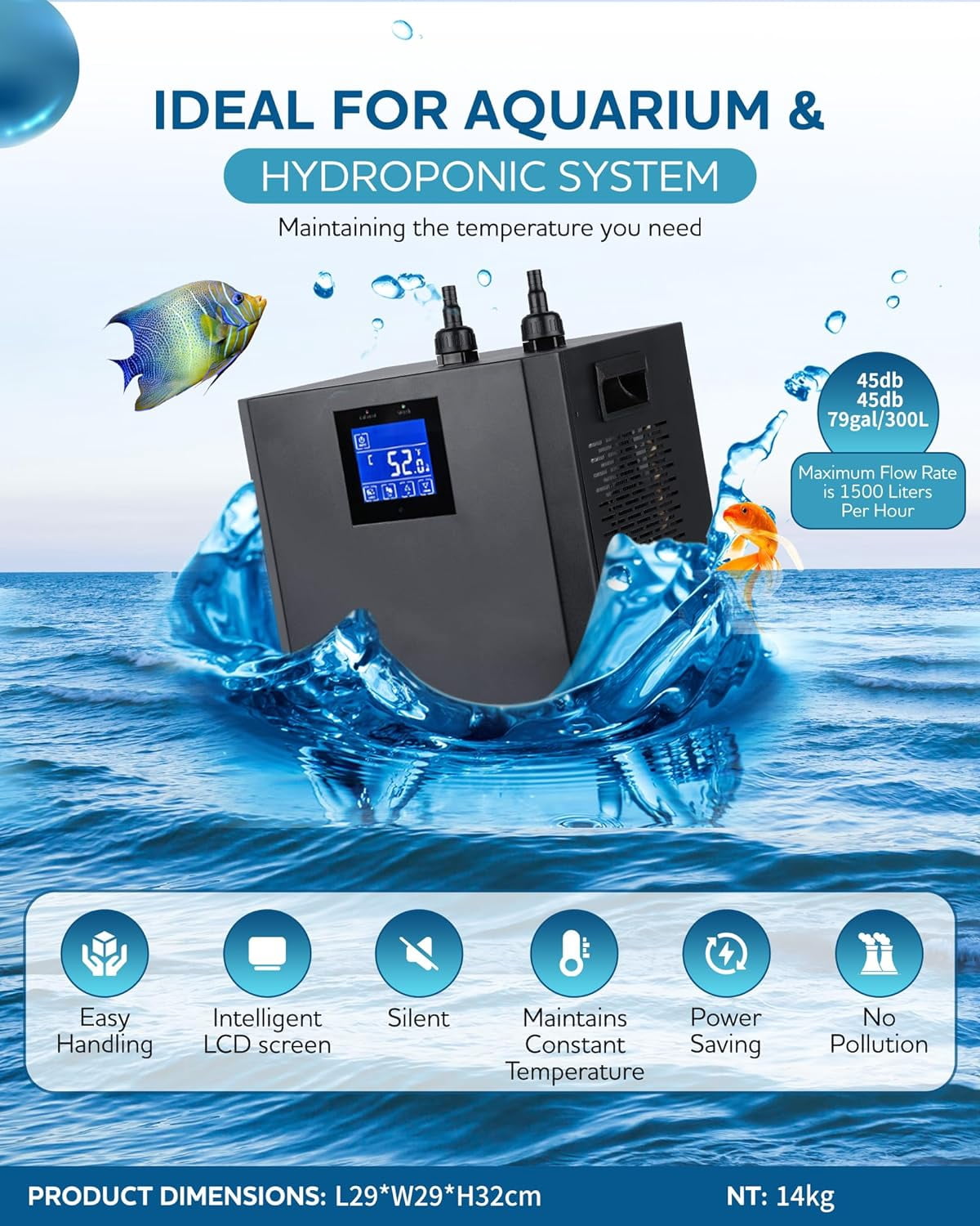 Ecojoy  300L 1/3 HP Aquarium Chiller Water Chiller Hydroponic Tank Cooler With Remote