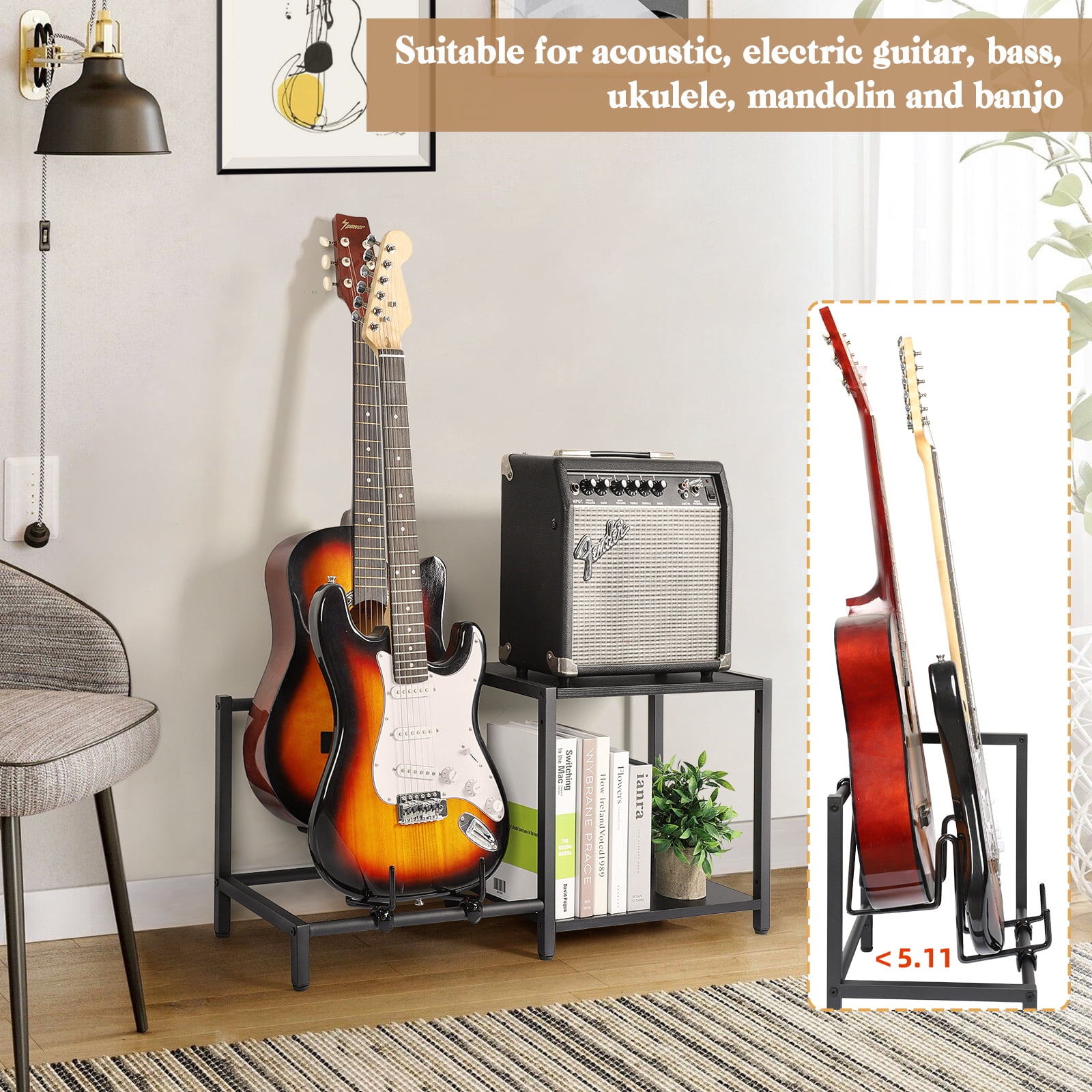 Olakee 3-Piece Floor Guitar Stand with Amp Support, Adjustable for Multiple Electric Guitars and Accessories, Wood & Metal, Black