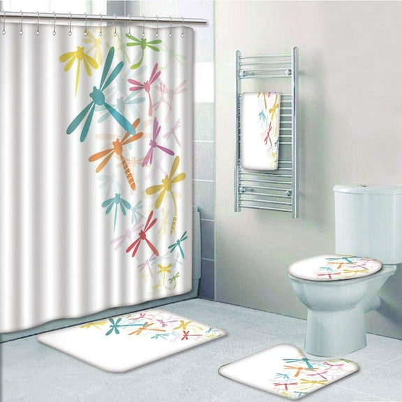 PRTAU Dragonfly Silhouette of Flying Winged Insects Bugs Nature in Several Tones 5 Piece Bathroom Set Shower Curtain Bath Towel Bath Rug Contour Mat and Toilet Lid Cover