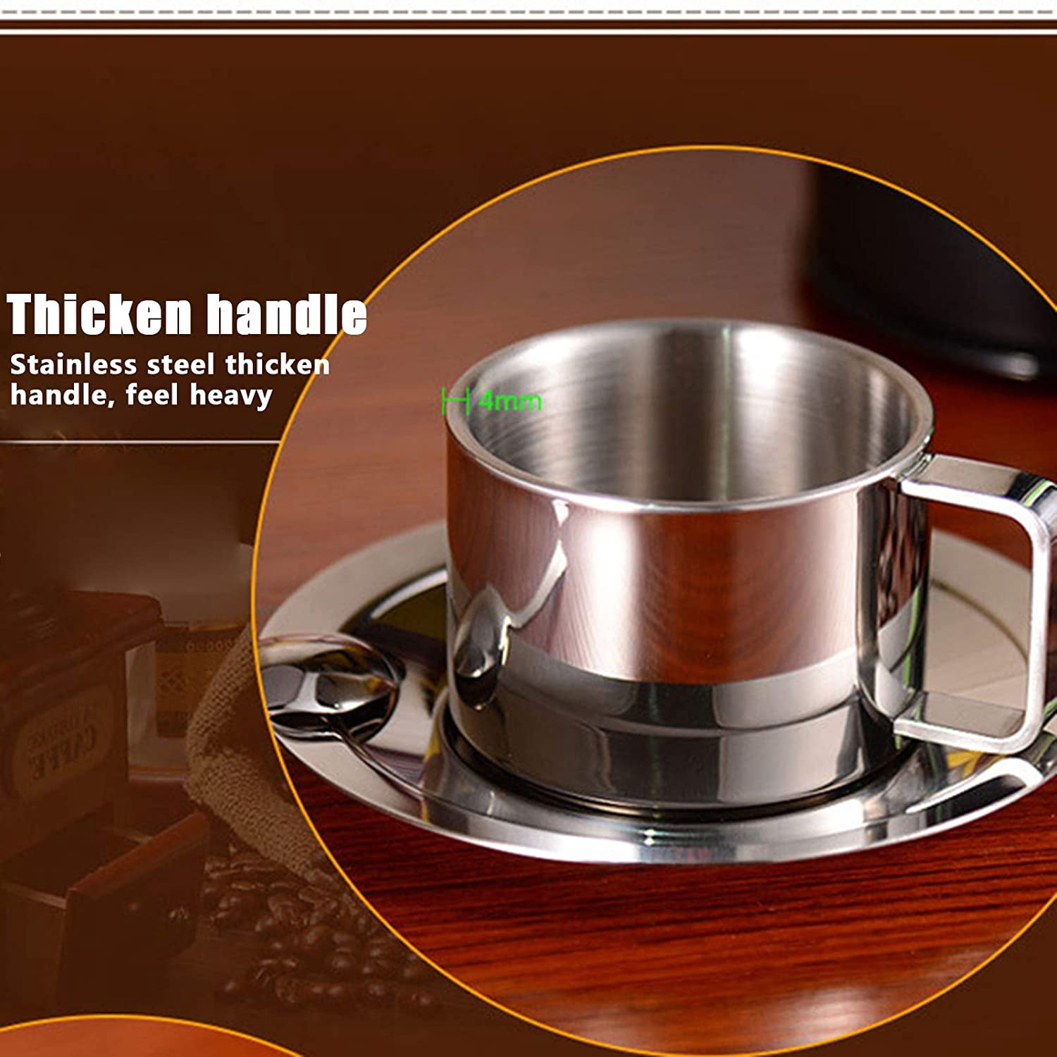 ABPETE Stainless Steel Coffee Cup Set, 200ml/7oz Insulated Coffee Cup Set Double Walled Mugs Milk Tea With Spoon Saucer for Coffee Latte Tea Milk
