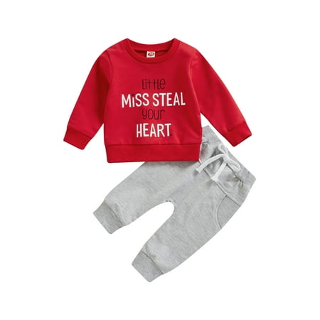 

AmShibel Baby Boys Girls Little Miss Steal Your Heart Outfit Letters Print Long Sleeve Sweatshirt with Sweatpants 2Pcs Valentines Day Clothes Set
