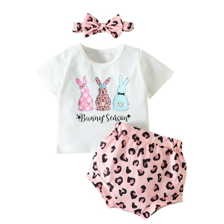 

Toddler Outfit Sets For Teens Girls Easter Short Sleeve Cartoon Rabbit Printed T Shirt Tops Leopard Headbands Kids Clothes Suit