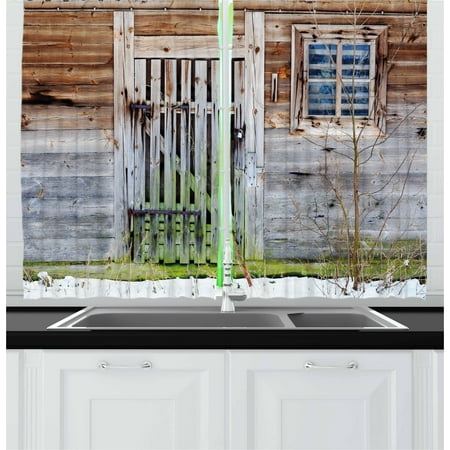 Wooden Doors For Bedrooms Primitive Country Curtains 2 Panels Set, Retro Neglected Old Farmhouse Rustic Wooden Door and Window Rural, Window Drapes for Living Room Bedroom, 55W X 39L Inches, Brown Green Silver, by Ambesonne ()