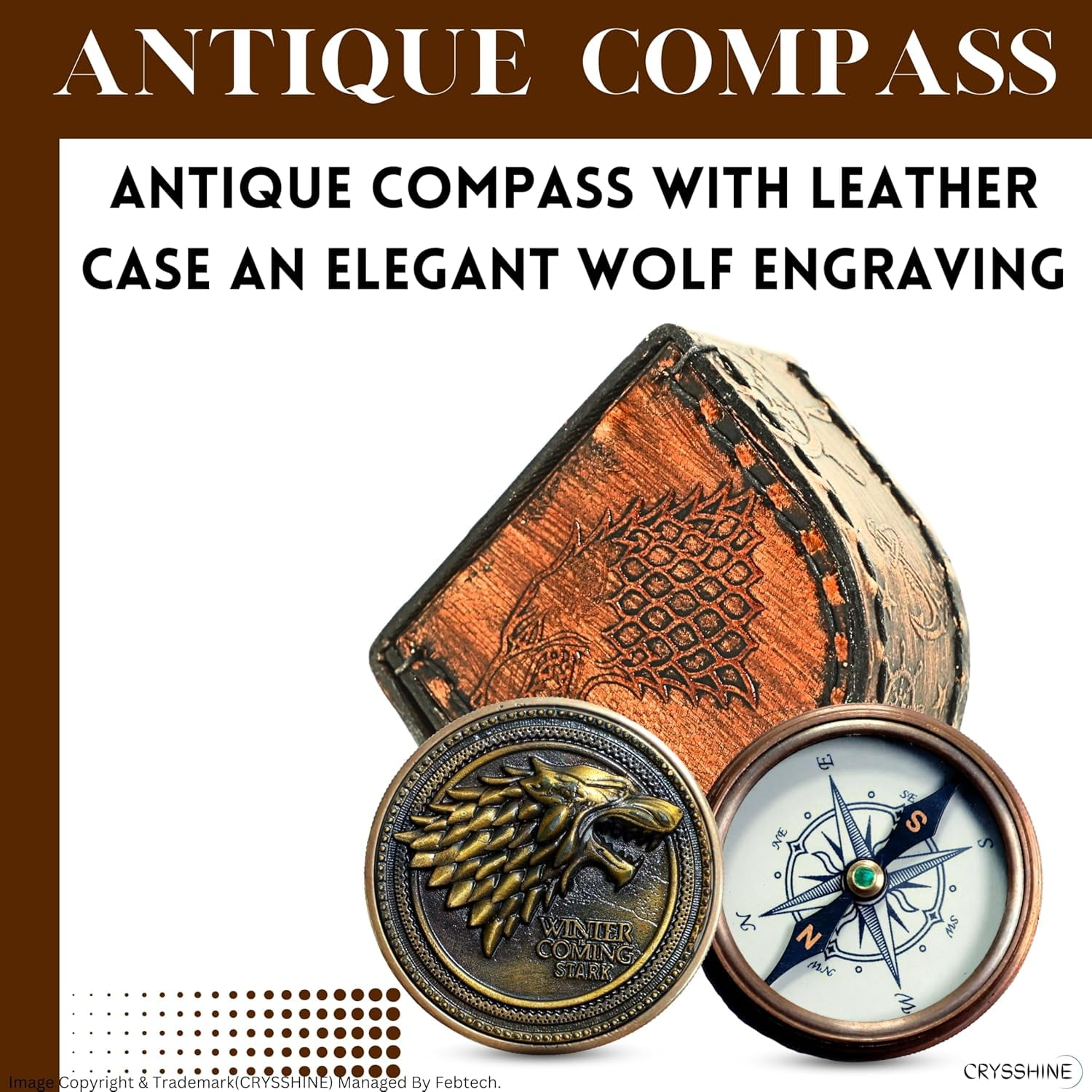 Navy Collection Antique Bronze Compass 2-Inch with Leather Case – Winter is Coming Direwolf Design – Functional Collectible for Outdoor Navigation & Fantasy