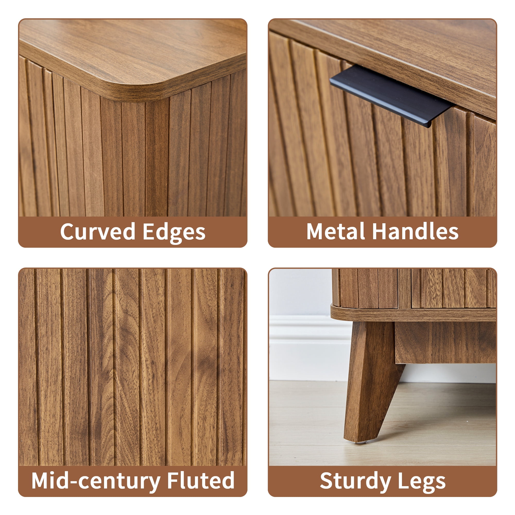 LEFHDA Mid-Century Modern Wood Dresser Set of 2 | Curved Fluted 3-Drawer Chest for Bedroom & Living Room | Walnut Storage Cabinet with Anti-Tipping Safety