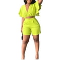 thumbnail image 6 of ibuvkizy Two Piece Sets for Women,Summer Casual Outfit Sets,Women Jogger Outfit Plus Size,Women's Ruffle Short Sleeve V-Neck Top Casual Shorts Summer Plus Size Women Suits,Womens Clothing, 6 of 9