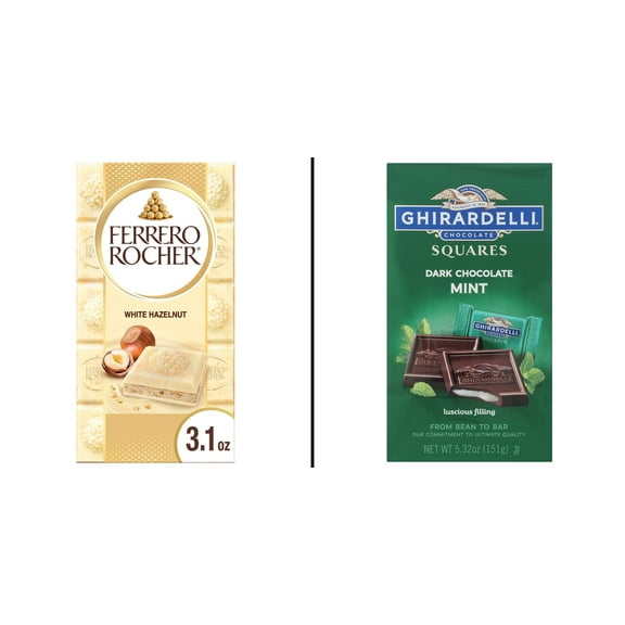 Ferrero Rocher White Hazelnut Chocolate Bar & Ghirardelli Dark Chocolate Mint Squares