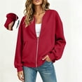 thumbnail image 4 of Chiccall Women's Full Zip Bomber Sweatshirt Jacket Thumb Hole Cuffs Oversized Long Sleeve V Neck Loose Casual Coat with Side Pockets, 4 of 7