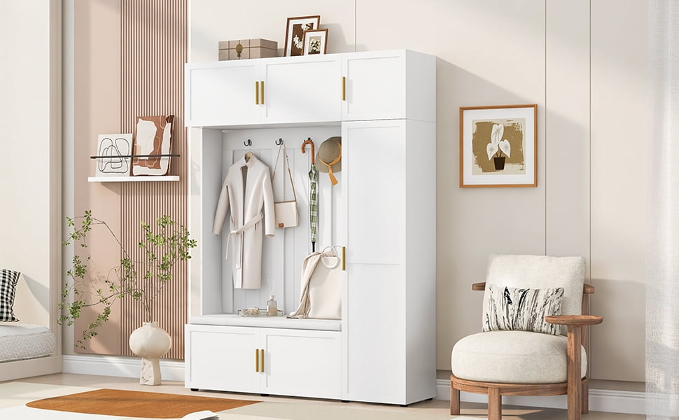 Mintazer All‑in‑One Hall Tree with Cushioned Shoe Bench & Hooks, Entryway Storage Organizer with Cabinets & Open Shelves for Mudroom Hallway, White