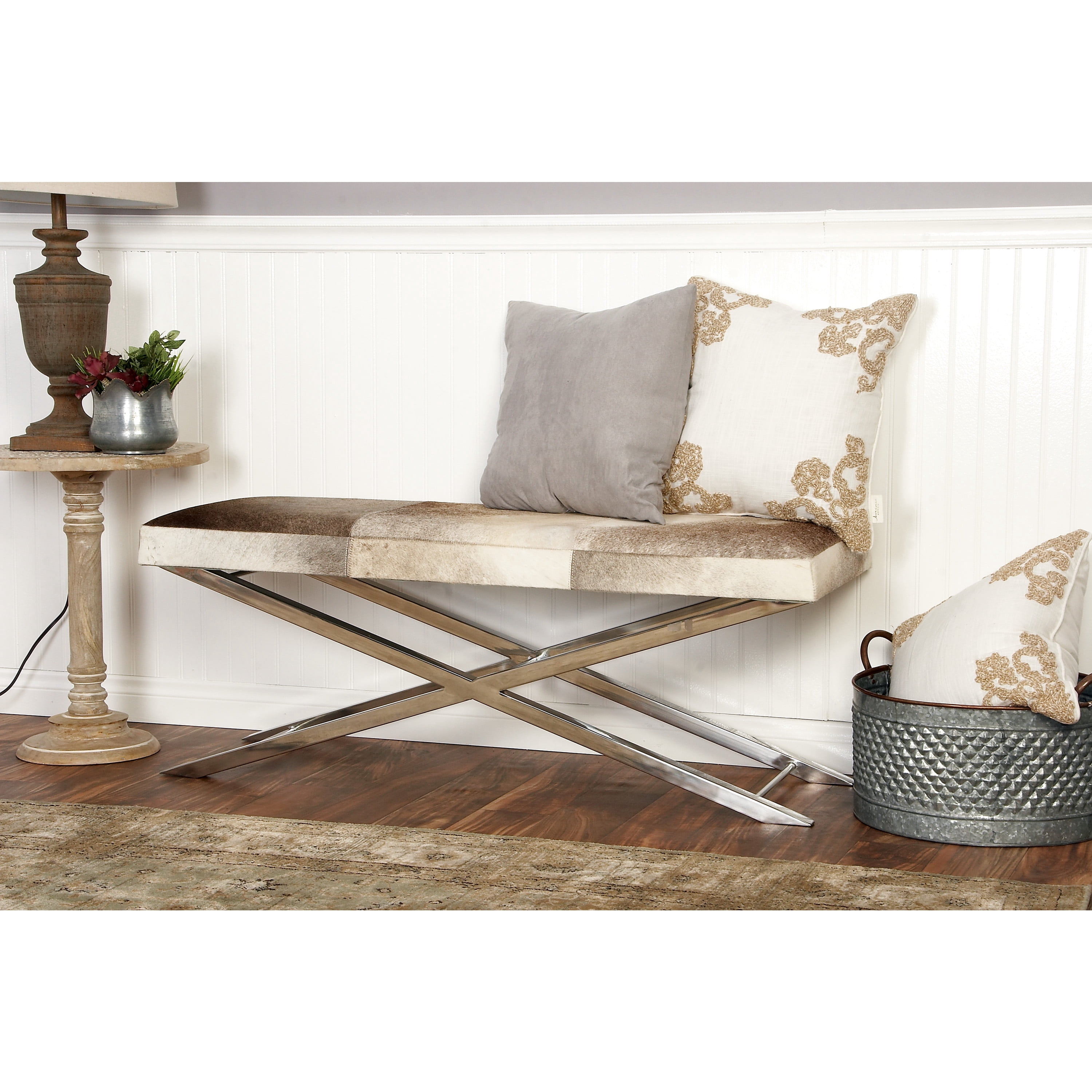 DecMode Stainless Steel Bench with Hair on Hide Seat, Beige