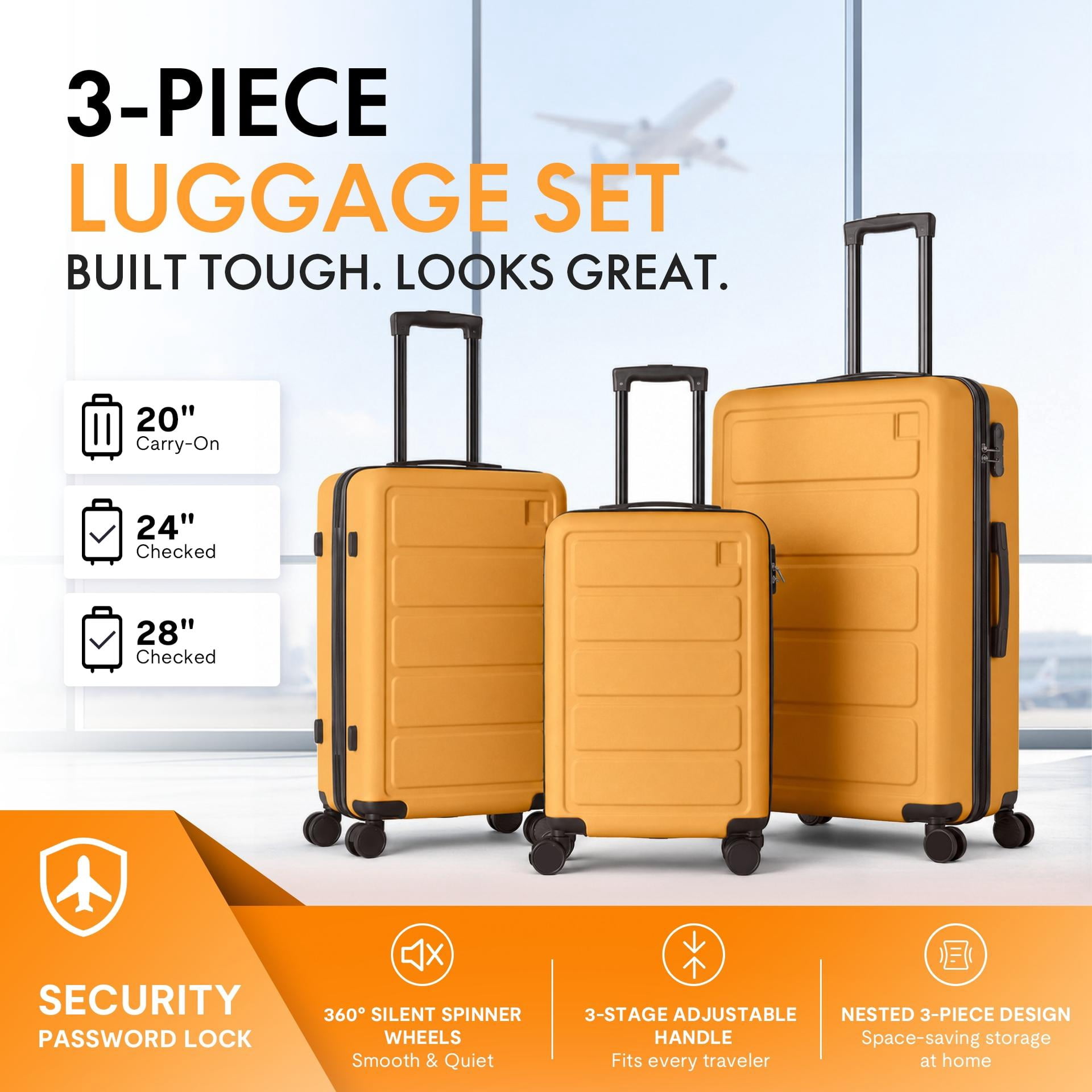 3-Piece ABS Hardshell Luggage Set, Lightweight Durable Suitcases with 4 Silent Spinner Wheels and Combination Lock, 20/24/28 Inch, Tulip Yellow