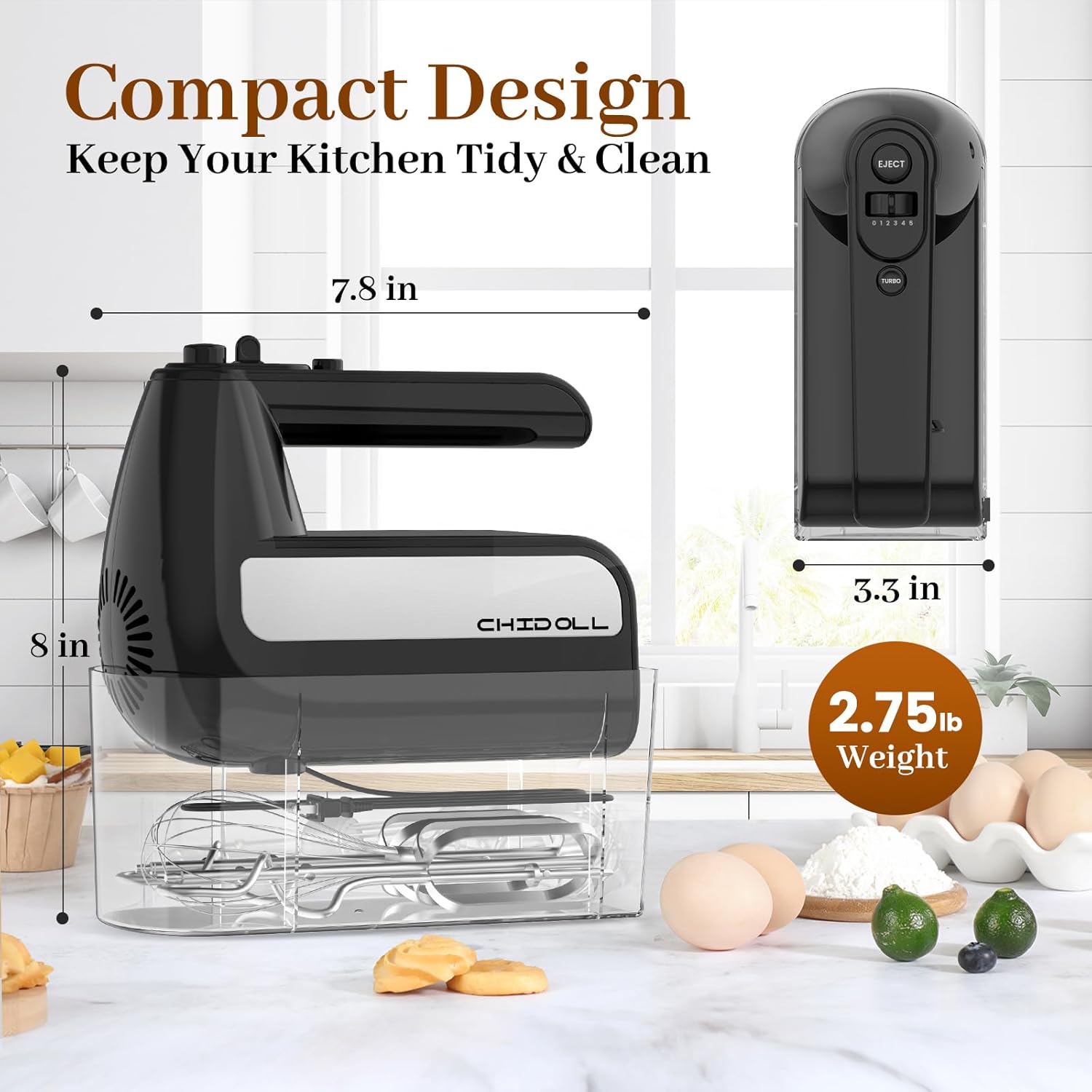 5-Speed Electric Hand Mixer 800W with , Storage  & 6 Stainless Steel Attachments for Baking