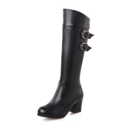 

KBKYBUYZ Women High Heel Square Heel Shoes Pointed Zip Shoes Winter Boots Leather Knee-high Boots