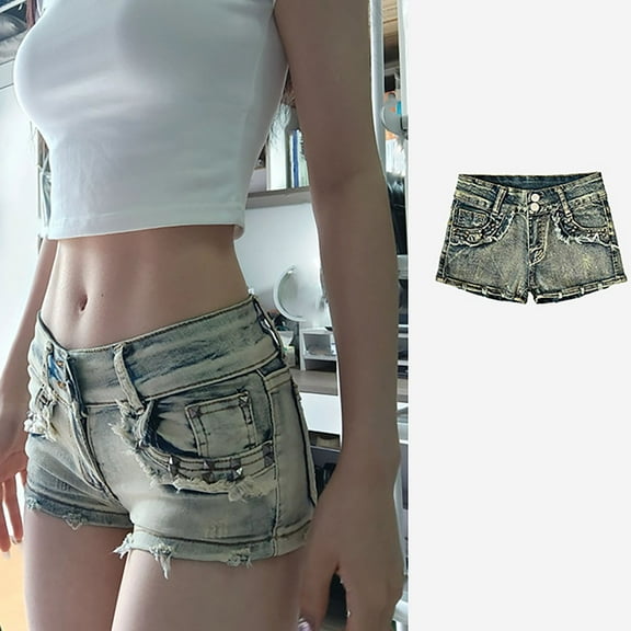 Sexlip Womens Shorts Camouflage Denim High Waist Slim Leg Soft Fabric Relaxed Silhouette for Casual Outings Blue L