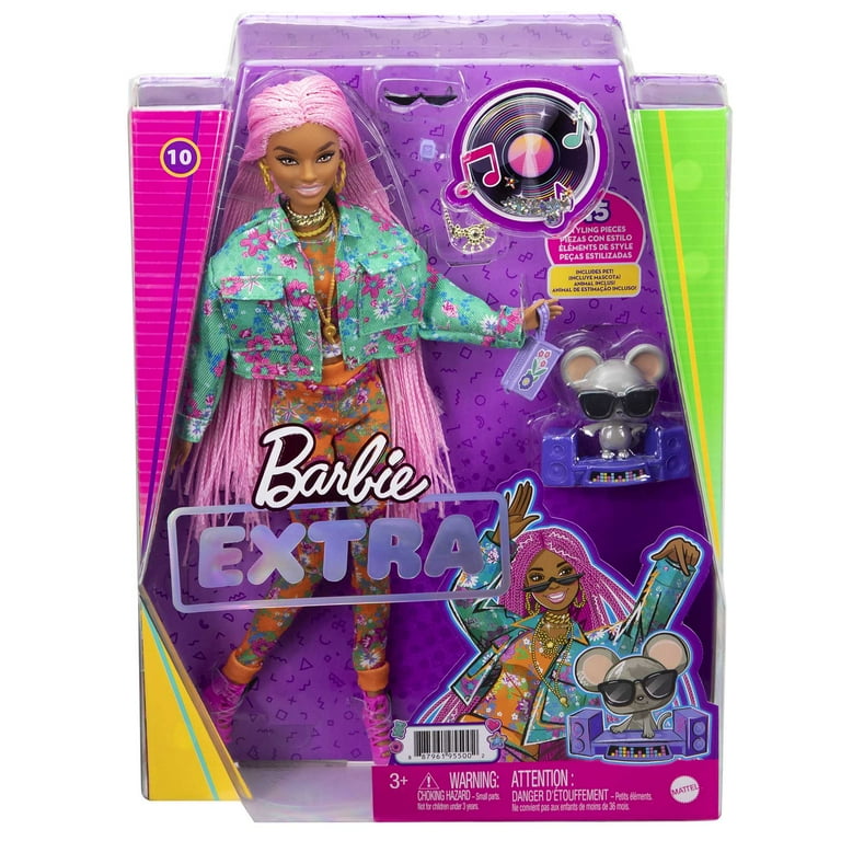 Barbie Extra Fashion Doll with Long Pink Braids Teal Floral Jacket Accessories Pet Walmart