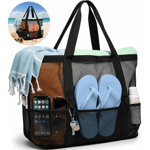 Large Mesh Beach Tote Bag, Foldable Beach Bag with Multiple Pockets & Hooks for Beach, Pool, Cruise, Travel, Family Vacation & Daily Essentials