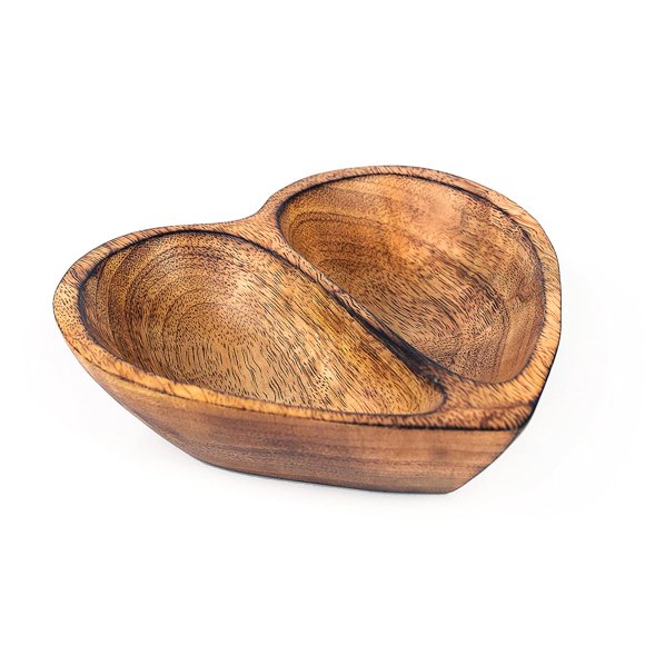 WitnyStore 6" Heart Shaped Bowl - Functional and Collectible Bowl - Handcrafted Wooden Bowl for Serving Nuts Desserts Fruits or Accent Decor Gift for Any Occasion - 6", 2 Partition, Brown