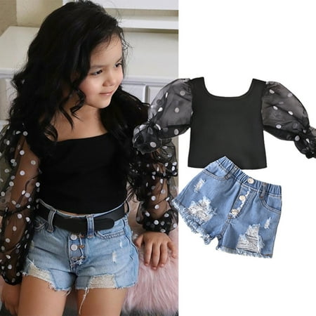 

RPVATI Toddler Baby Child Children Kids Clothes Long Sleeve Polka Dot Puff Sleeve T Shirts Jean Shorts Set 2 Pieces Fall Winter Clothes