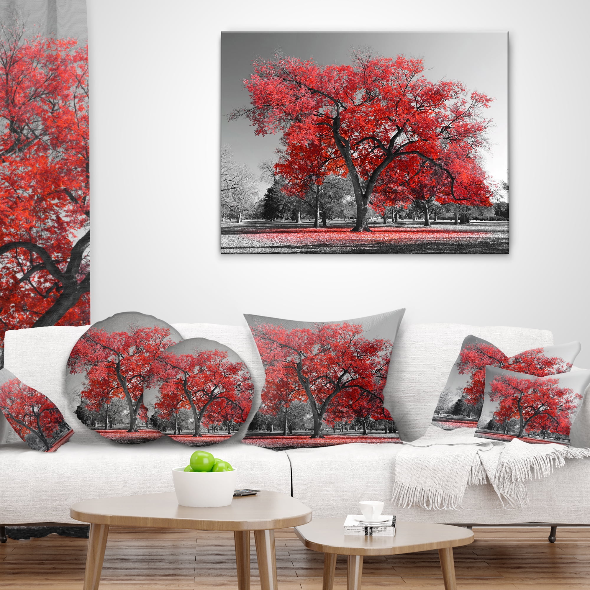 Designart Big Red Tree on Foggy Day - Landscape Printed Throw Pillow - 12x20