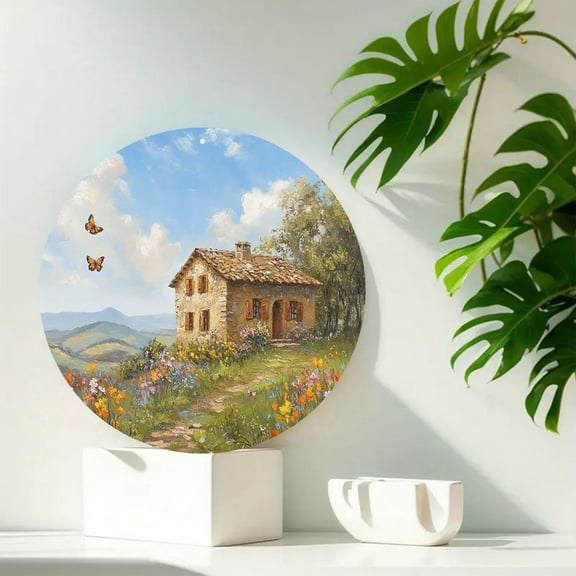 Round 8x8 Inch Vintage Countryside Farmhouse Gallery Wall Decor Aluminum Wall Art Decor for Home, Porch, and Window