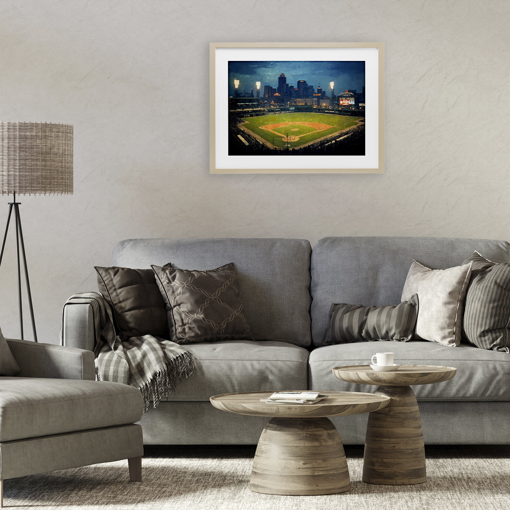 Baseball Stadium at Night Birch Framed Print Under Glass, design by Arlington Prints