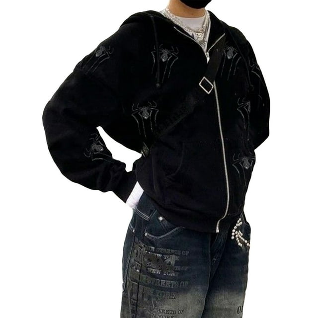 Sunloudy Women Spring Fall Coat, Rhinestones Skull/ Spider Print Long Sleeve Hooded Jacket with Zipper