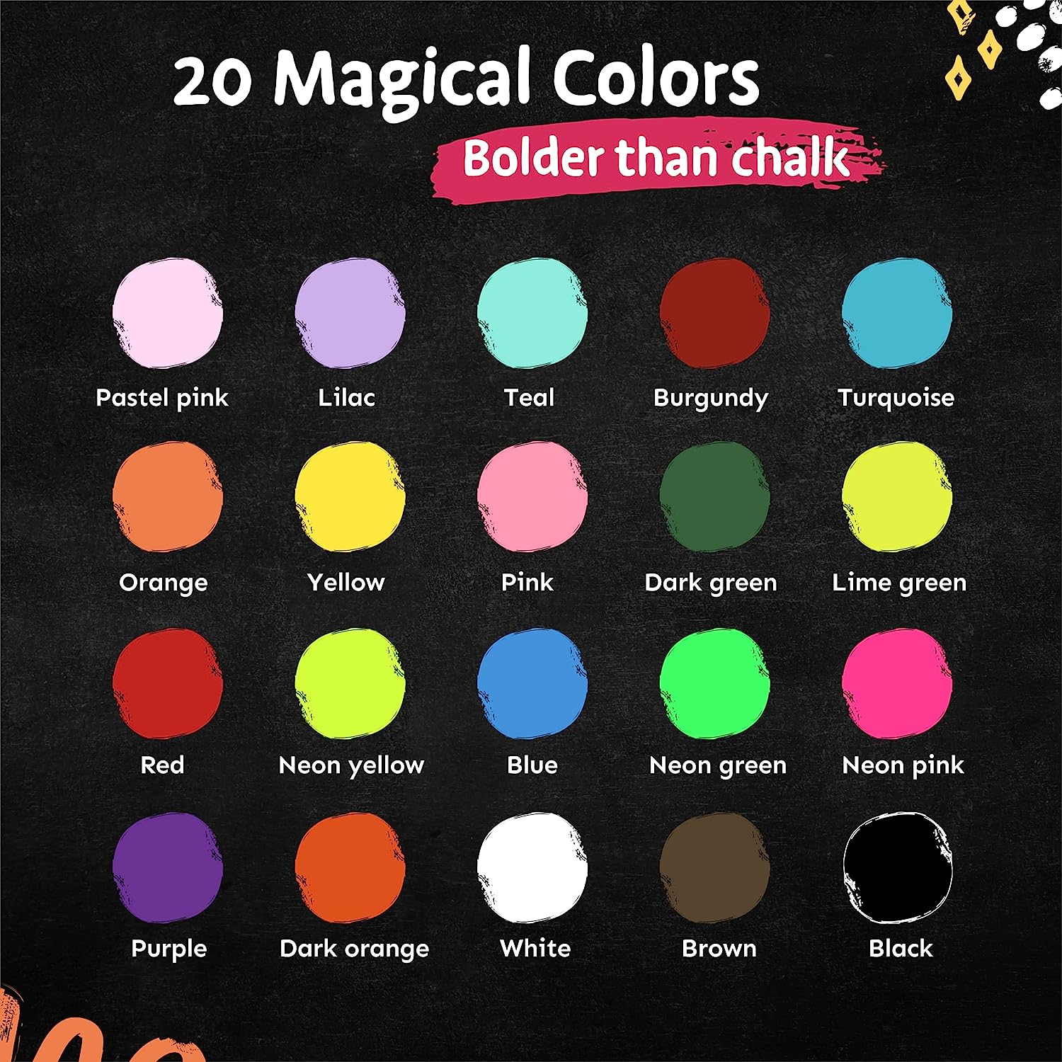 Liquid Chalk Markers for Blackboards - Bold Color Dry Erase Marker Pens Chalkboards Signs, Windows, Blackboard, Glass 6mm Reversible Tip (20 Pack)