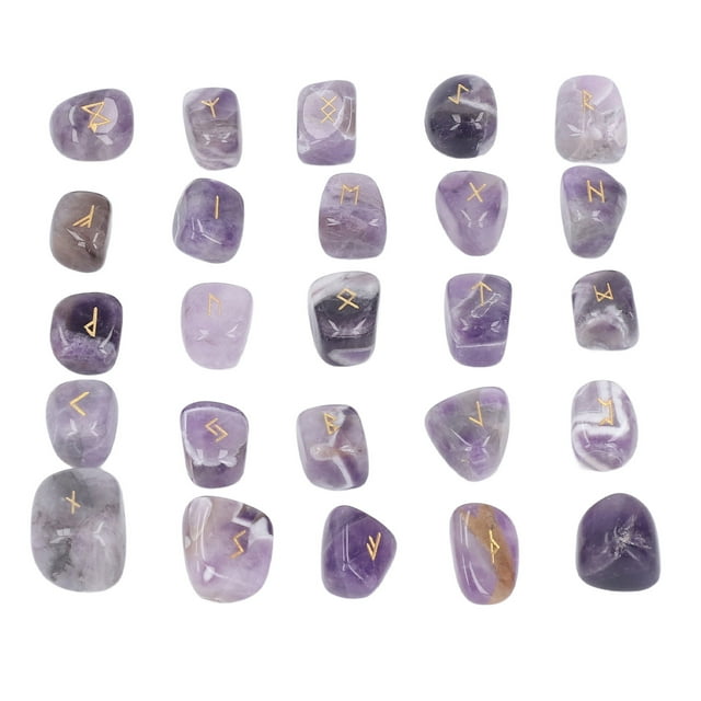 Natural Rune Stones, Special Power 25Pcs Gold Lettering Rune Stones Set Widely For Meditation Amethyst