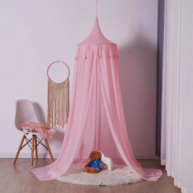Princess Bed Canopy con Pom Pom Gasa Colgando Mosquitera para niños Interior Exterior Castillo Jugar Carpa Colgando Hogar Lectura Rincón Decoración