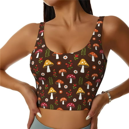 Jgfou Woodland Mushroom with Flowers and Berries Print Womens Sports Bra - Padded Workout Sports Bras Crop Tank Top
