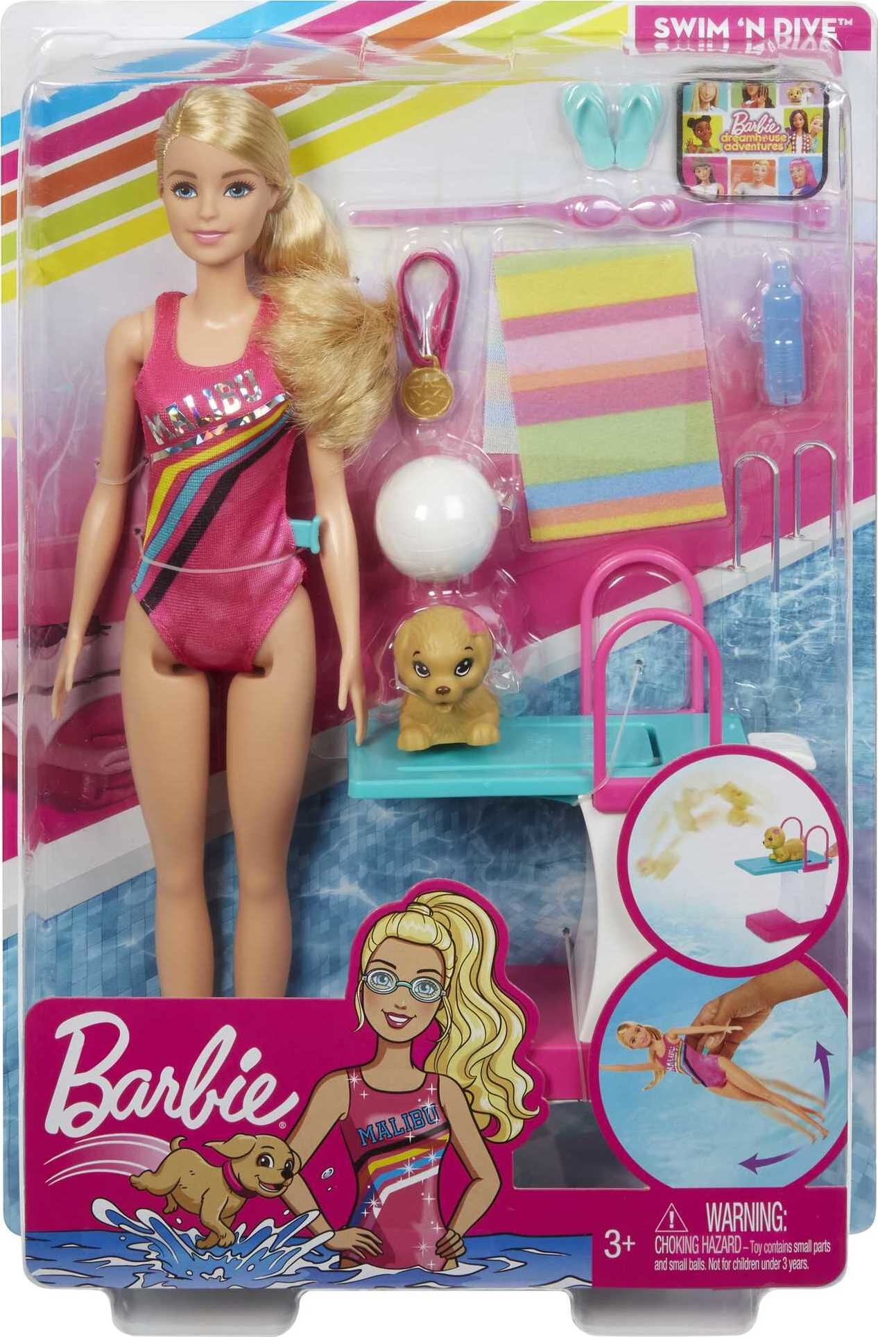 Barbie Dreamhouse Adventures Swim 'n Dive Doll, 11.5-inch in Swimwear, with  Diving Board and Puppy 