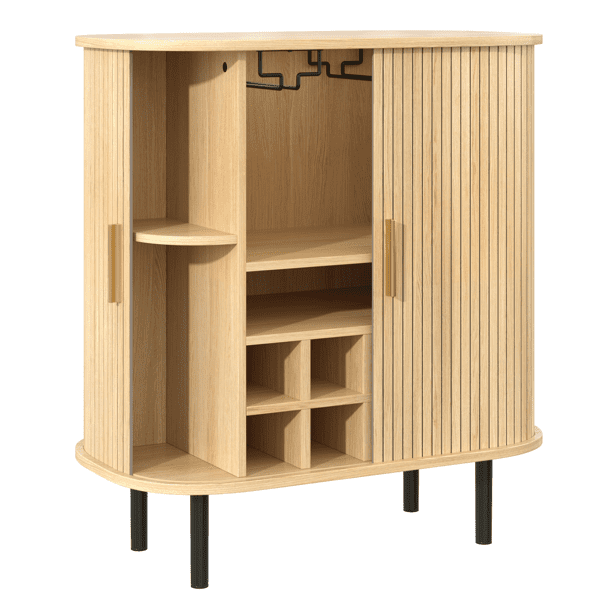 28" Fluted Wine Bar Cabinet with 8-Grid Wine Rack, 5-Level Adjustable Shelves, 2 Glass Holders, Smoothly Sliding Tambour Doors, 4 Hidden Storage Space on the Side,Modern Liquor Coffee Station
