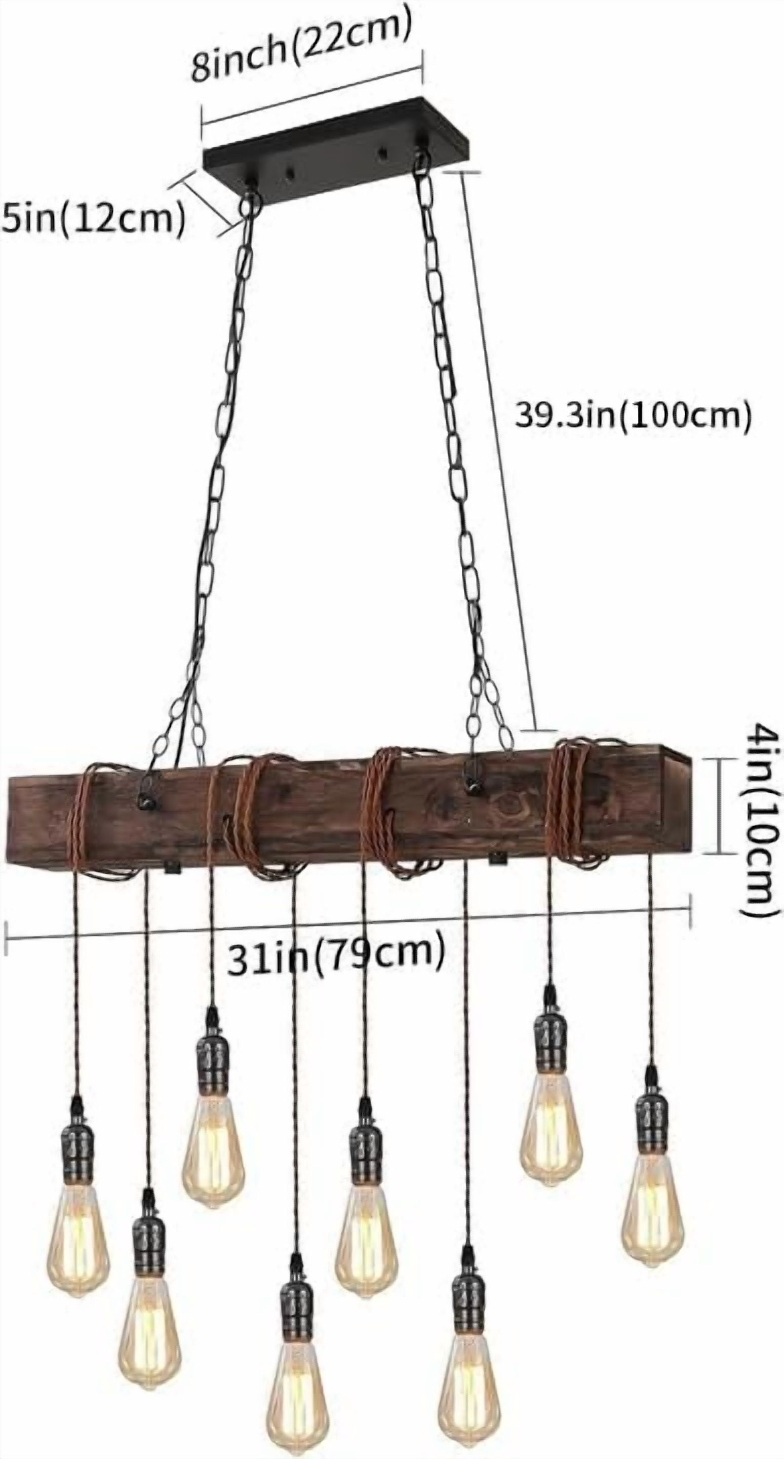 Dining Room Light Fixture, Farmhouse Pendant Lights Kitchen Island Rustic 8 Lights Wood and Black Metal Rectangular Chandelier Ceiling Hanging Lighting