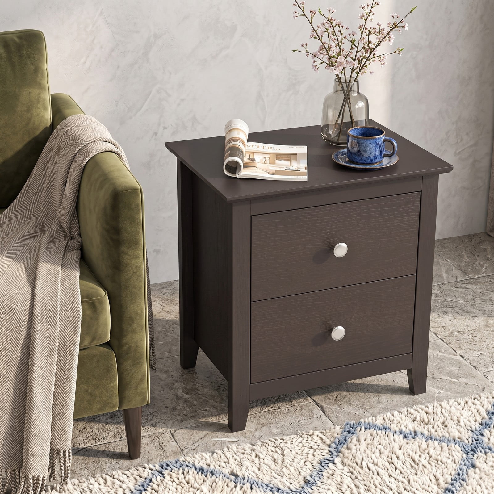 Furnibear Modern 2-Drawer Nightstand for Small Spaces with Sleek Metal Handles and Smooth Slides for Bedroom and Living Room, Espresso