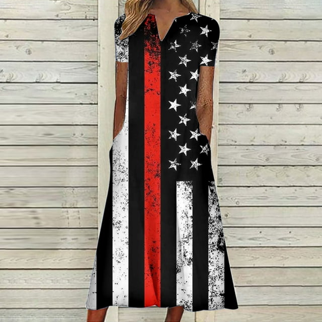 Robe d'Été pour Femmes 2024 Mode Grande Taille Ample Décontractée Col en V Jour de l'Indépendance Imprimée Manches Courtes Robes 50 % de Réduction Liquidation!