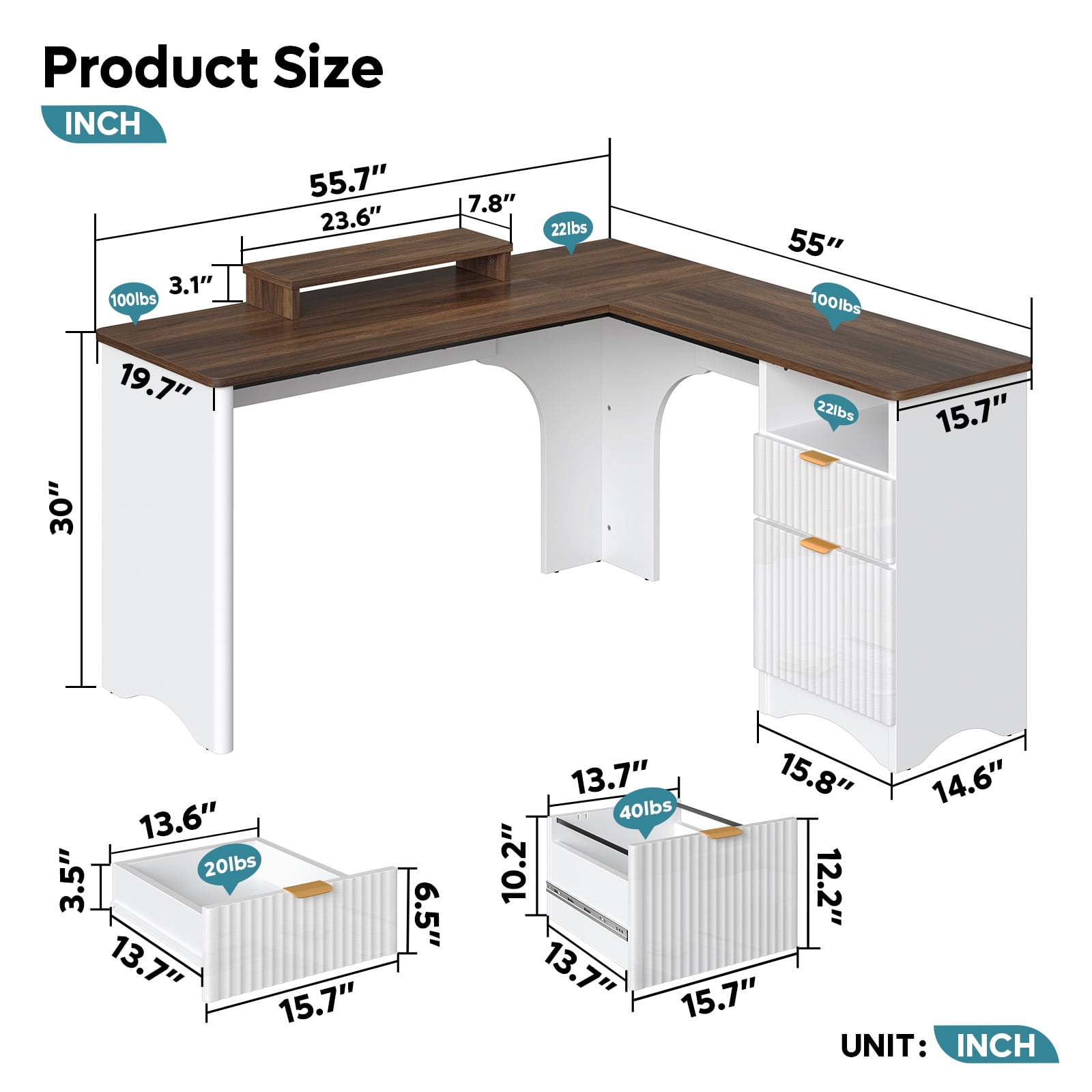 Bestier L Shaped Desk with Drawers, 55.7" x 55" Office Computer Desk with Round Corners, Monitor Stand & Fluted Panels, White & Walnut