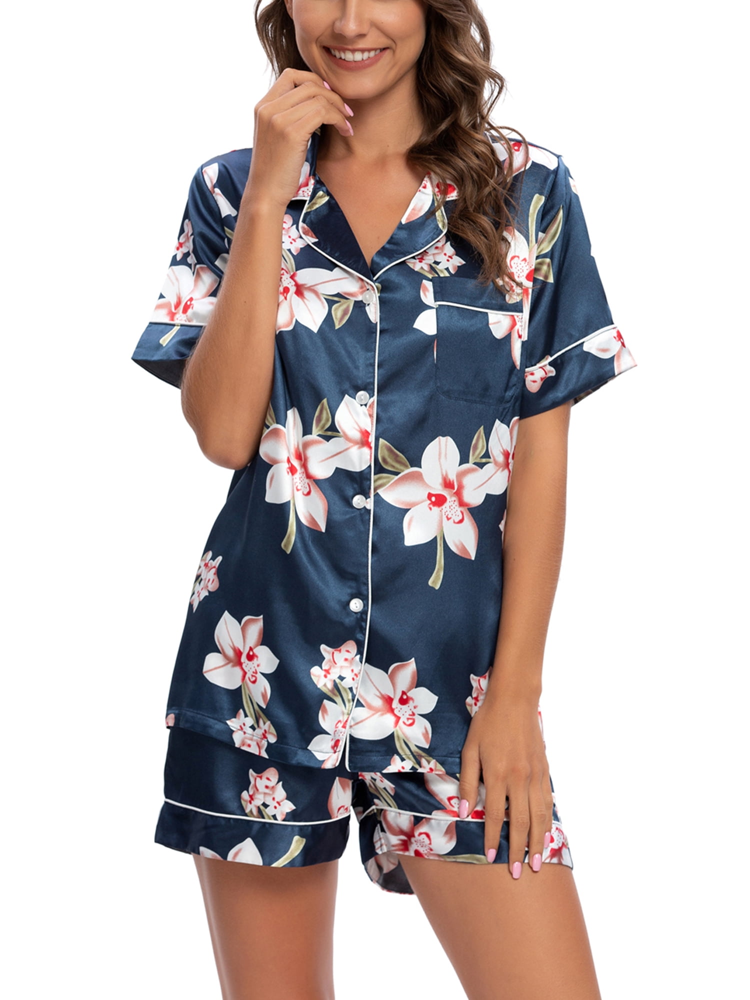 Unique Bargains Womens Floral Button Down Shirt Shorts Satin 2pcs Pajama Sleepwear Sets