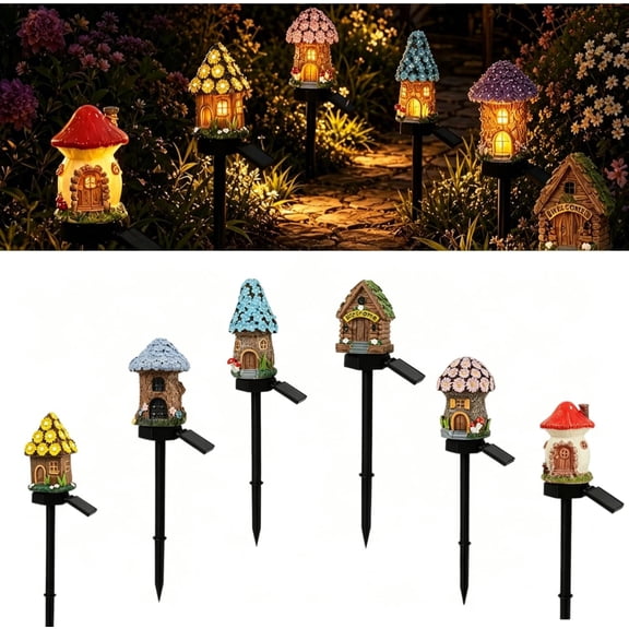 Solar Fairy-Tale Mushroom Cottage Garden Light, Waterproof LED Outdoor Mushroom House Statue Decor Lamp, Auto On/Off Landscape Pathway Light for Yard Patio Lawn Flower Bed (Set)