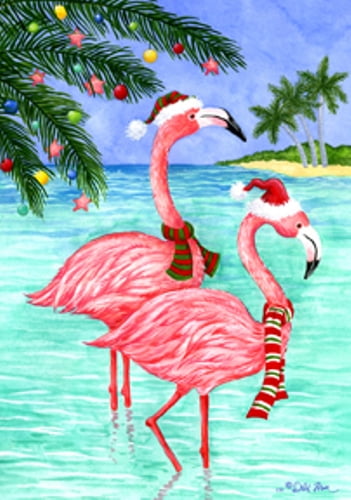 Pink Flamingos In Santa Hat Under Palm Christmas Tree Holiday Garden ...