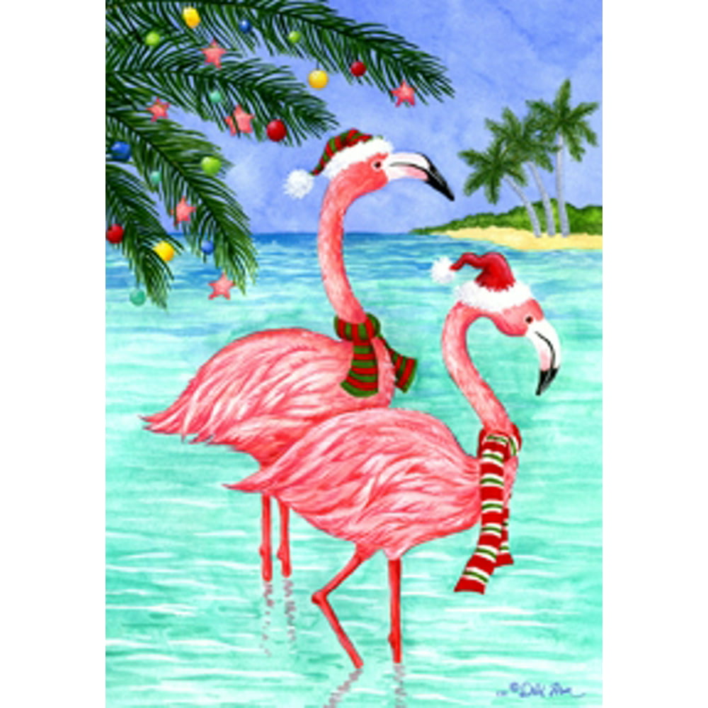 Pink Flamingos in Santa Hat Under Palm Christmas Tree Holiday Garden