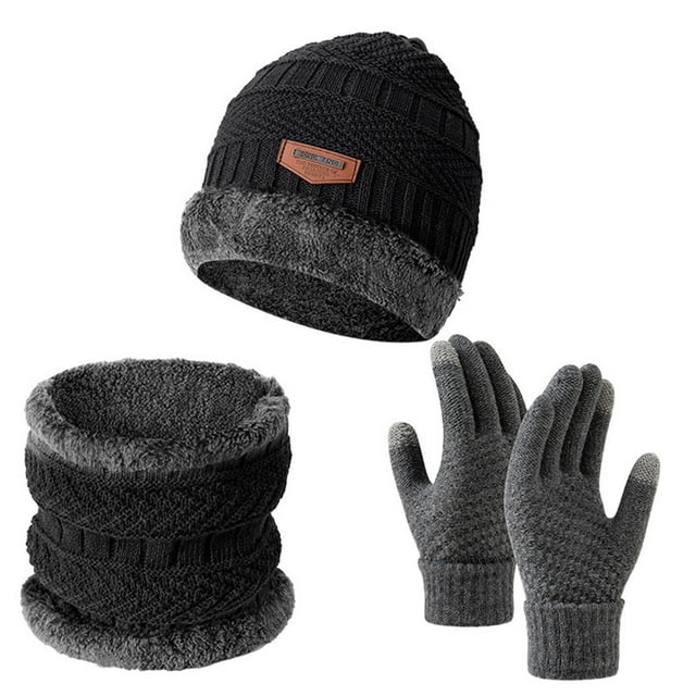 WZXFASHION 3pcs Winter Thermal Set Thickened Fleece Lined Beanie Hat Touchscreen Gloves & Non Scarf With Fleece | Windproof Cold Weather For Ing Snowboarding & Outdoor Activit H One Size