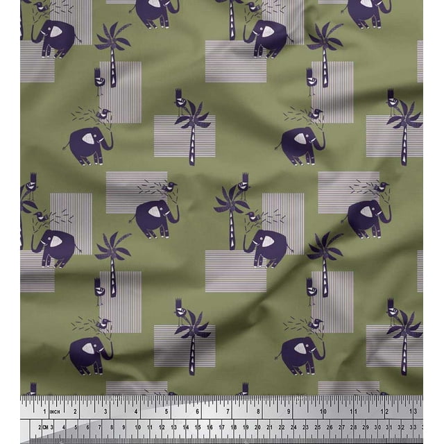 Soimoi Velvet Fabric Bird,Coconut Tree & Elephant Kids Printed Craft Fabric by The Yard 58 Inch Wide