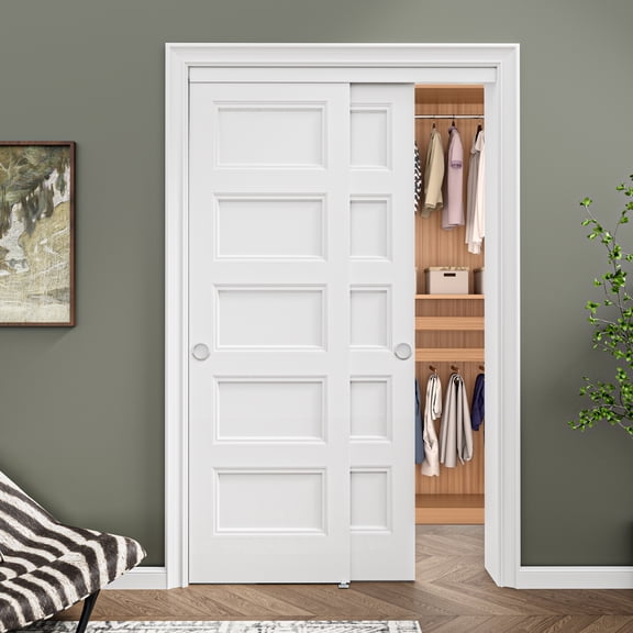 48'' x 80'' Bypass Sliding Closet Door, 5 Panel Solid Core & White Wood Texture Frame, Pre-assembled Door Panels for Easy Installation