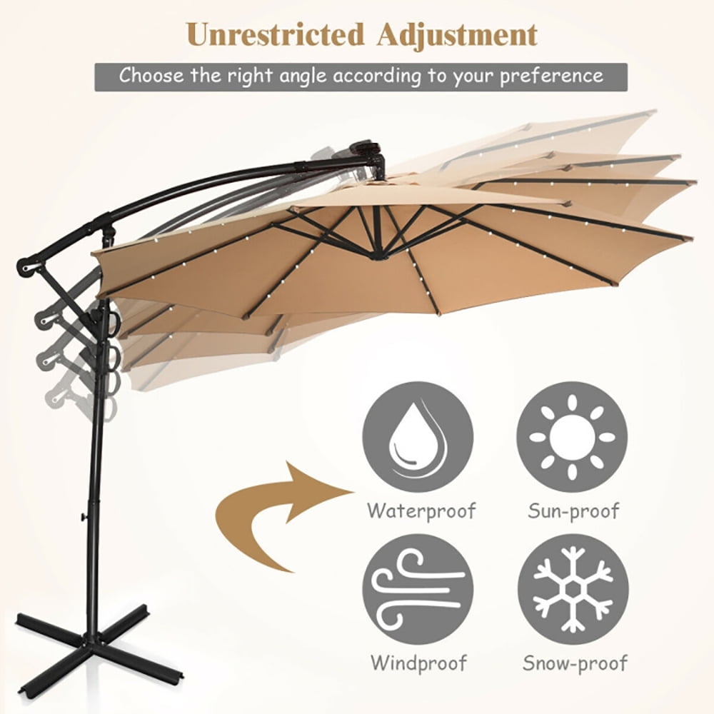 Aimee Lii 10 ft 360° Rotation Solar Powered LED Patio Offset Umbrella without Weight Base, Outdoor Umbrellas for Patio, Beige
