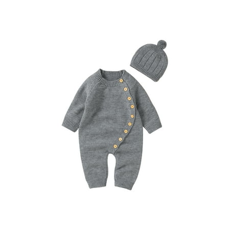 

Bagilaanoe Newborn Baby Girl Boys Knit Jumpsuit Long Sleeve Bodysuit + Hat 3M 6M 9M 12M 18M Infant Ribbed One Piece Romper