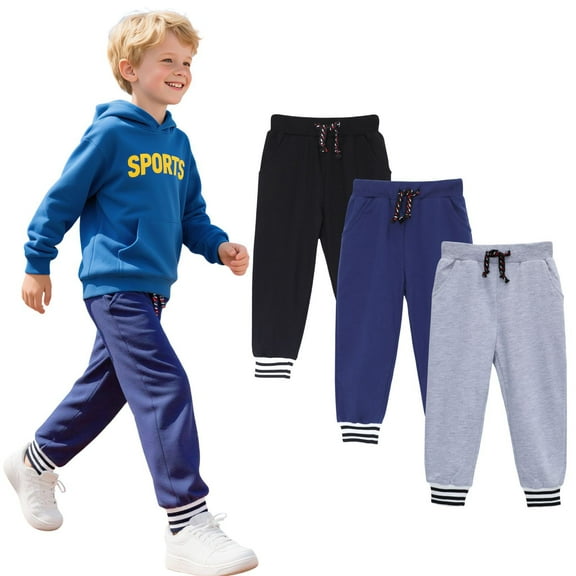 HILEELANG Toddler Boys Jogger Sweatpants 3-Pack, 100% Cotton French Terry Pants with Drawstring and Pockets,colors—black, gray, and navy, Sizes 3T